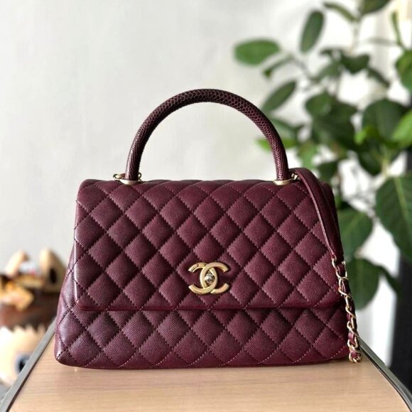 CHANEL Handbags - Authentic CHANEL Caviar Lizard Embossed Quilted Small Coco Handle Flap Burgundy